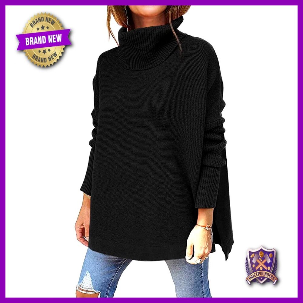 Oversized Turtleneck Sweater Batwing Sleeve Split Hem Pullover Knit Top